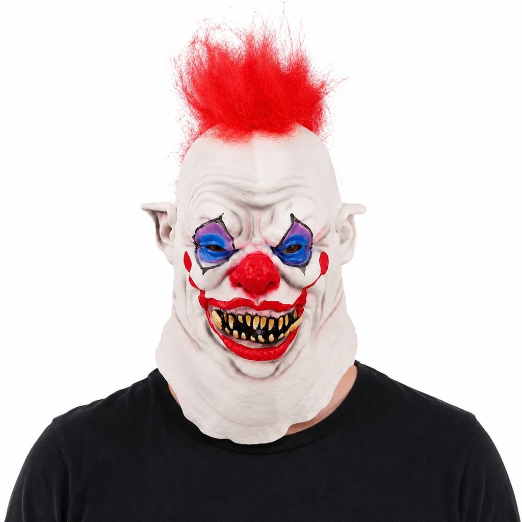 Front view of a model wearing the Red Mohawk Evil Clown Mask