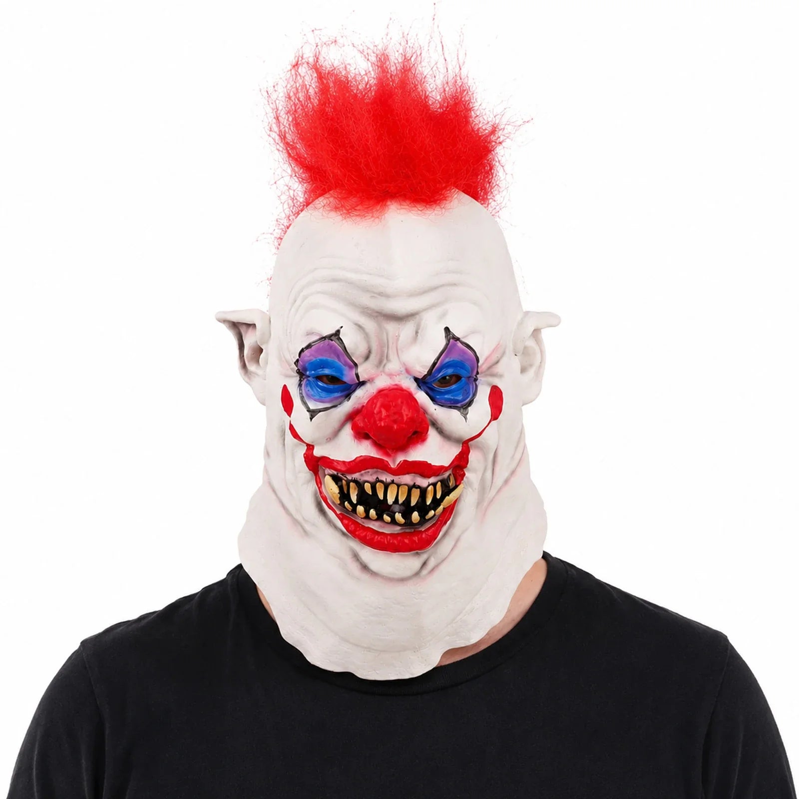 Front view of a model wearing the Red Mohawk Evil Clown Mask