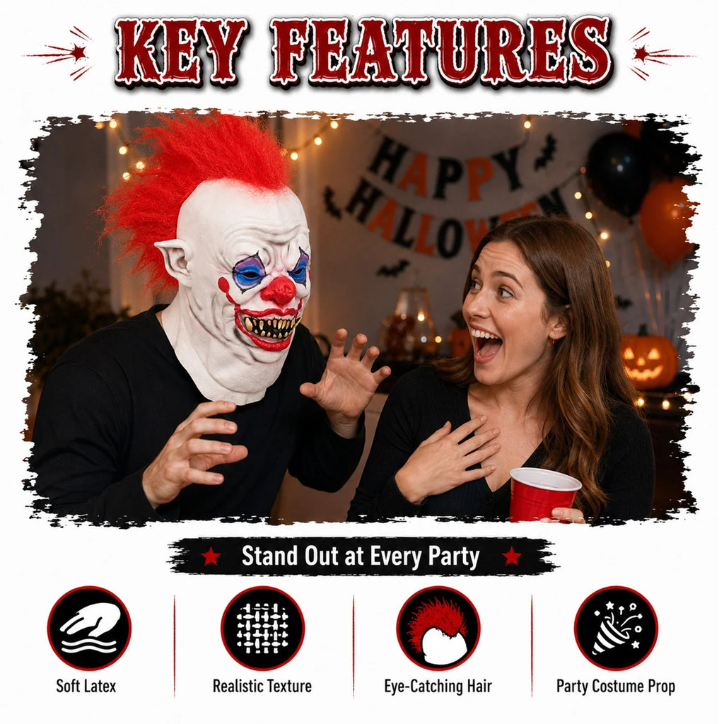 Included pieces and key product features for the Red Mohawk Evil Clown Mask