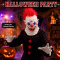 Model wearing the Red Mohawk Evil Clown Mask in a Halloween costume setting
