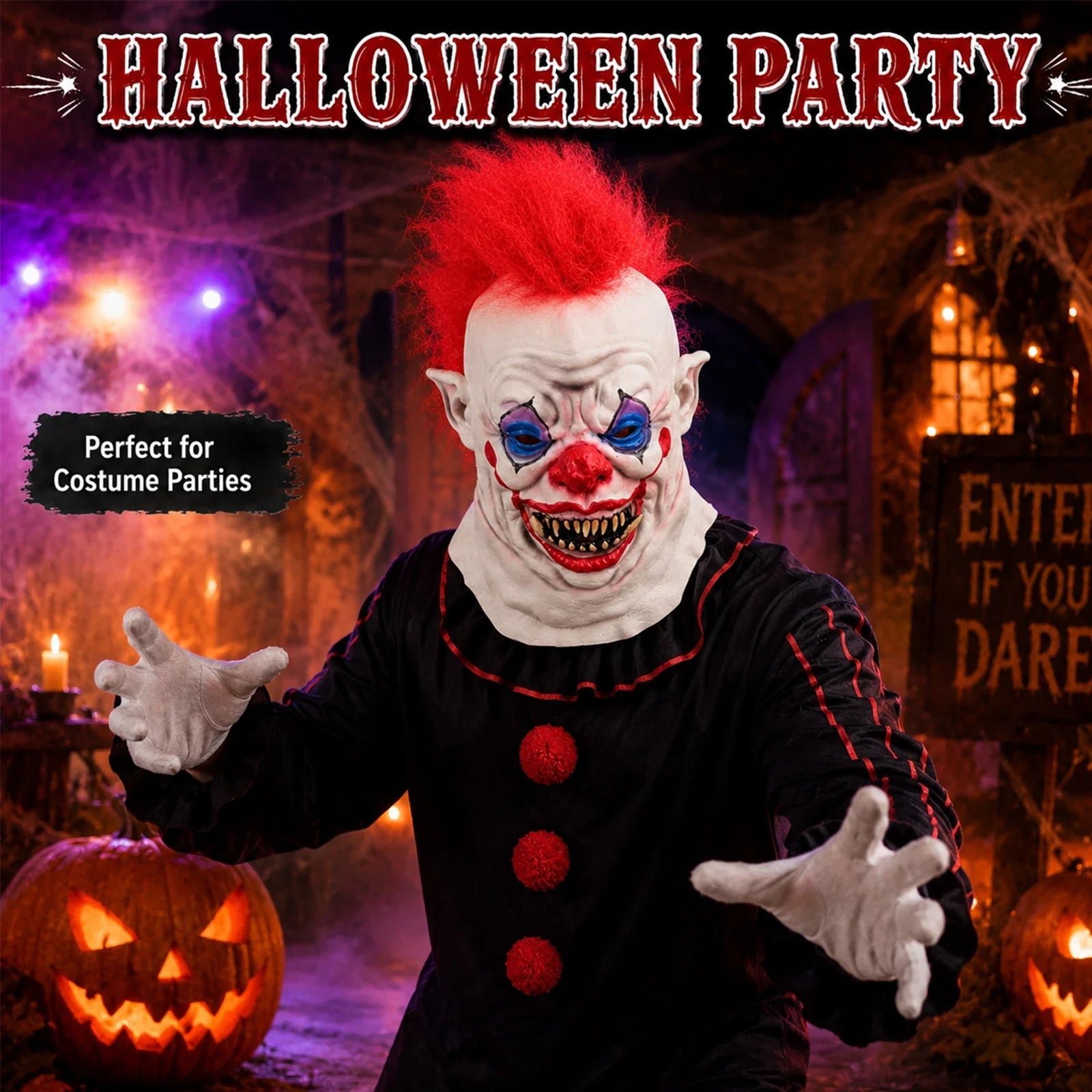 Model wearing the Red Mohawk Evil Clown Mask in a Halloween costume setting