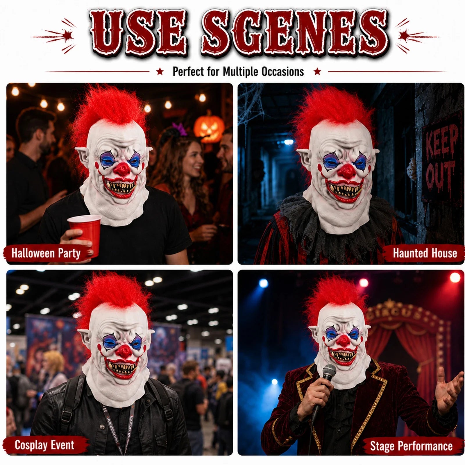 The Red Mohawk Evil Clown Mask shown in a second Halloween scene