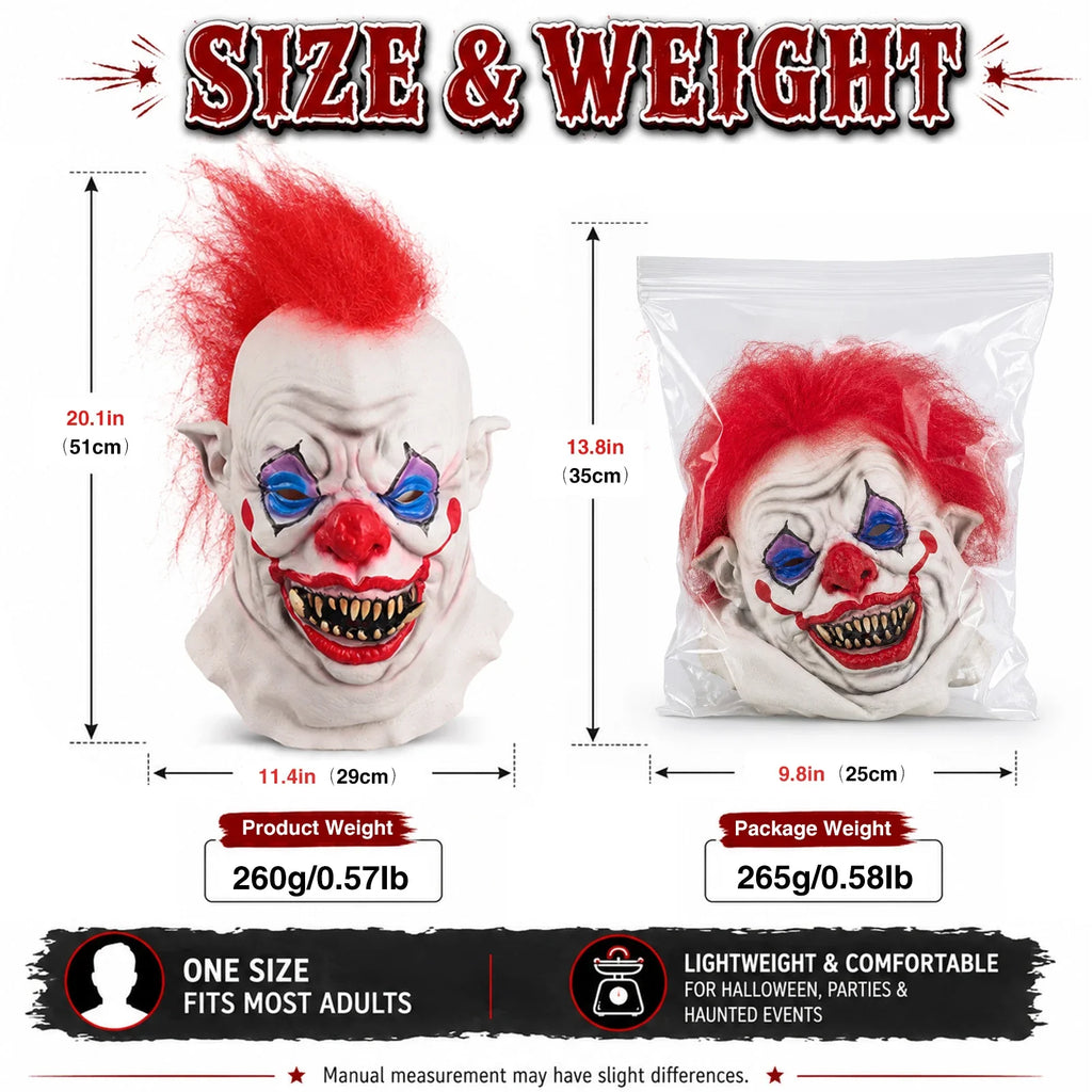 Size guide for the Red Mohawk Evil Clown Mask, with product and package measurements