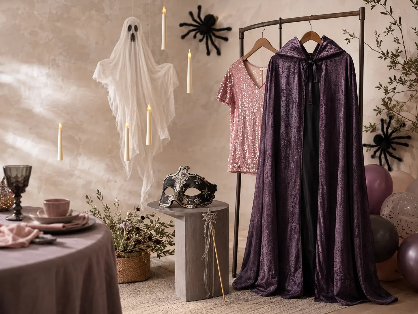 Qomoor sale edit with costume cloak, sequin apparel, masquerade mask, floating candles and seasonal decorations