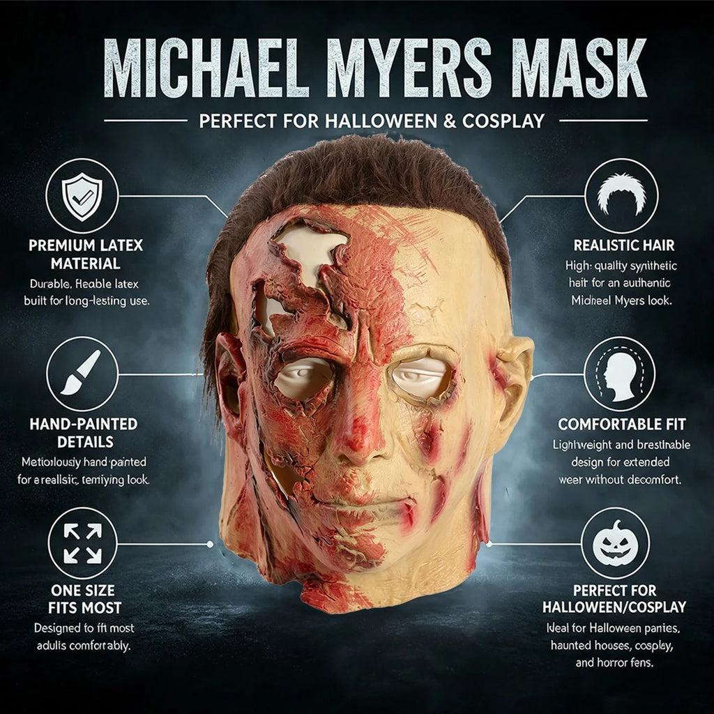 Included pieces and key product features for the Scarred Slasher Mask – Two Styles, scarred-face style