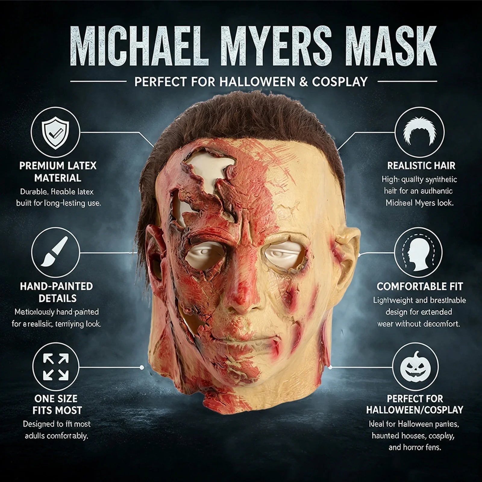 Included pieces and key product features for the Scarred Slasher Mask – Two Styles, scarred-face style