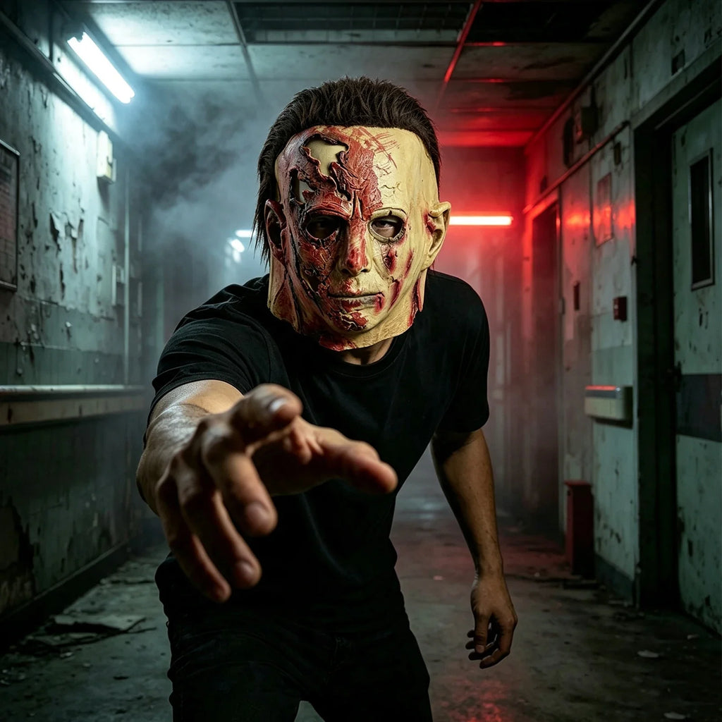 Model wearing the Scarred Slasher Mask – Two Styles, scarred-face style in a Halloween costume setting