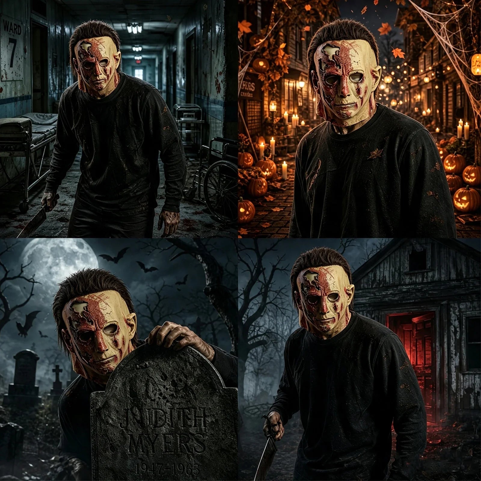 The Scarred Slasher Mask – Two Styles, scarred-face style shown in a second Halloween scene