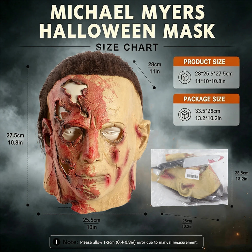 Size guide for the Scarred Slasher Mask – Two Styles, scarred-face style, with product and package measurements