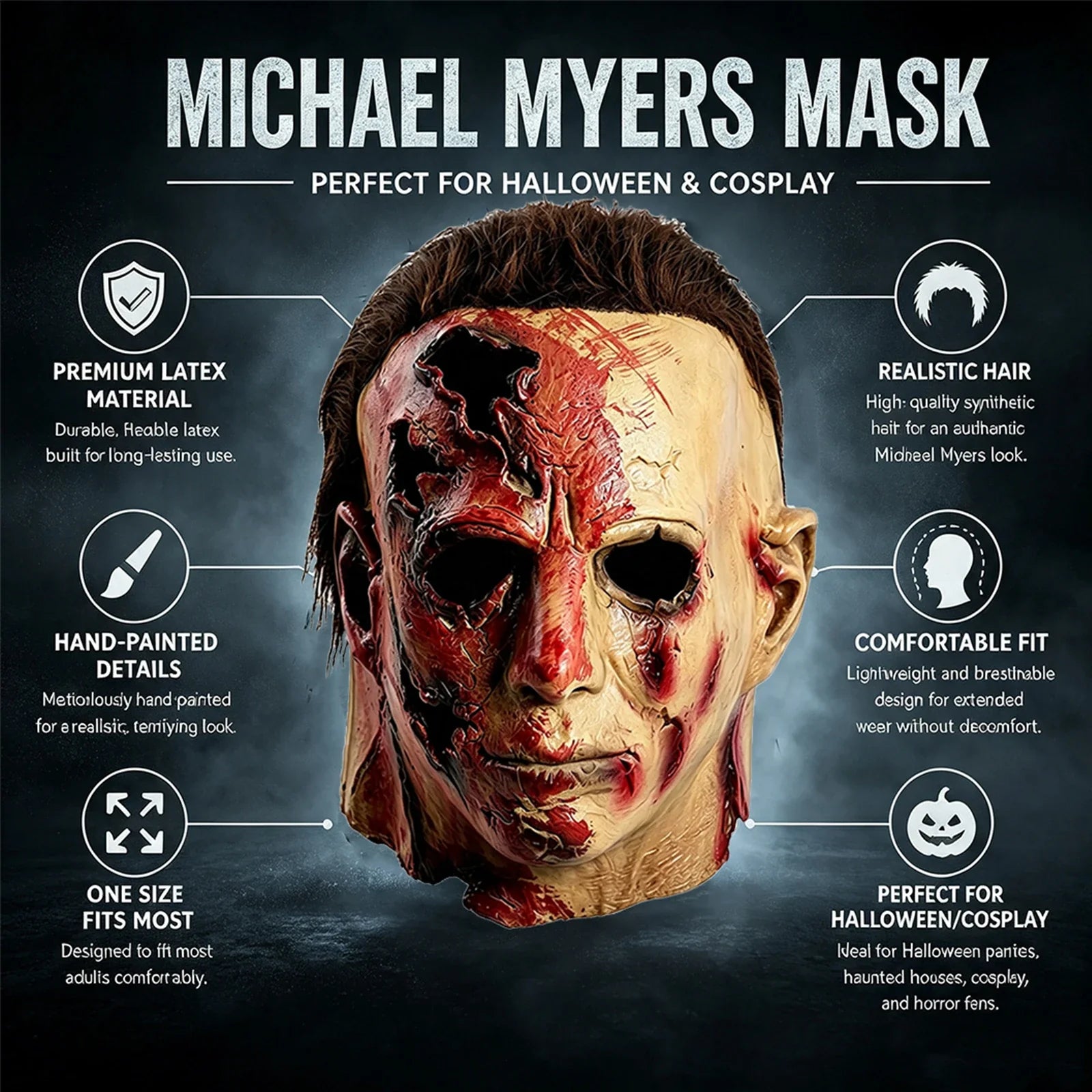 Included pieces and key product features for the Scarred Slasher Mask – Two Styles, weathered-face style