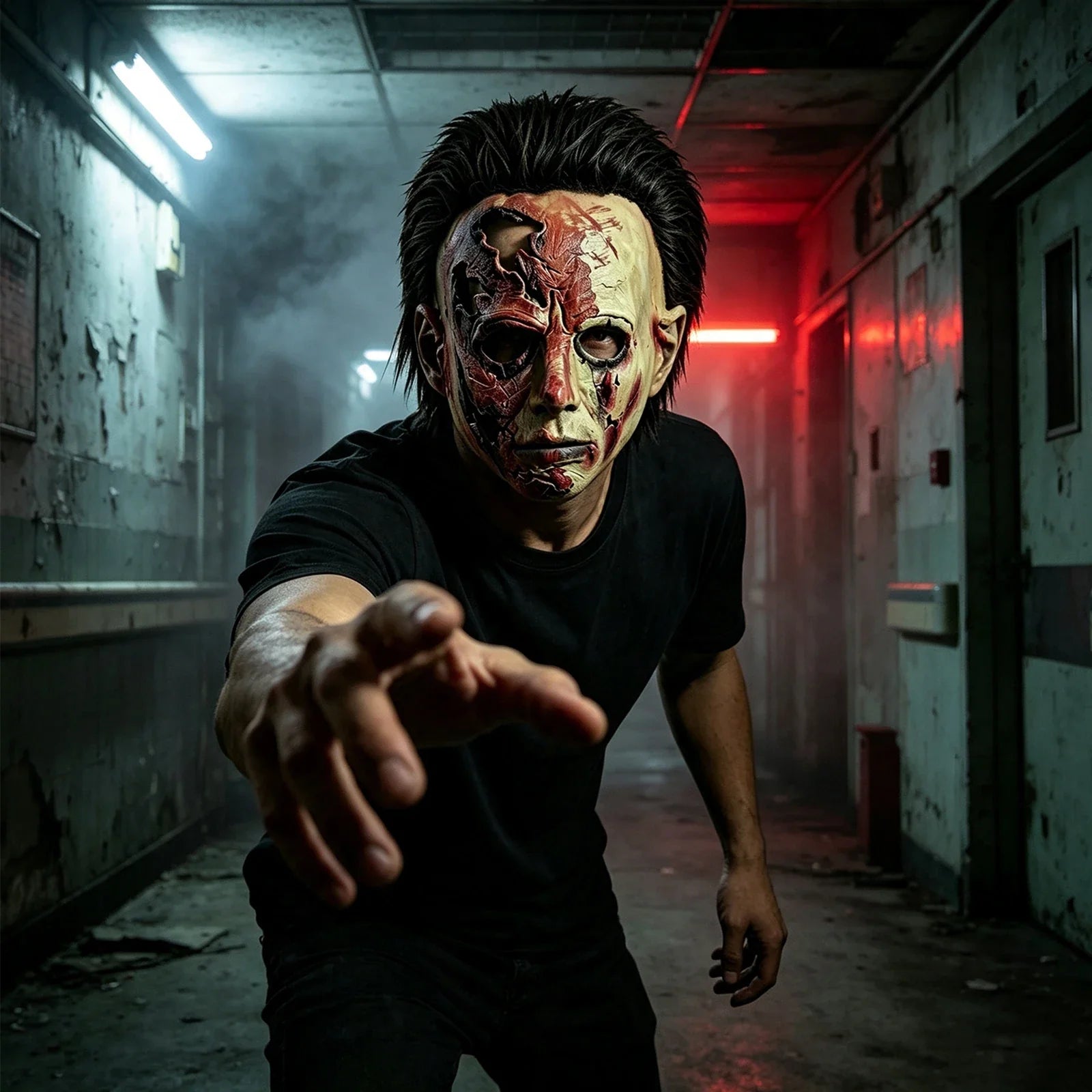 Model wearing the Scarred Slasher Mask – Two Styles, weathered-face style in a Halloween costume setting