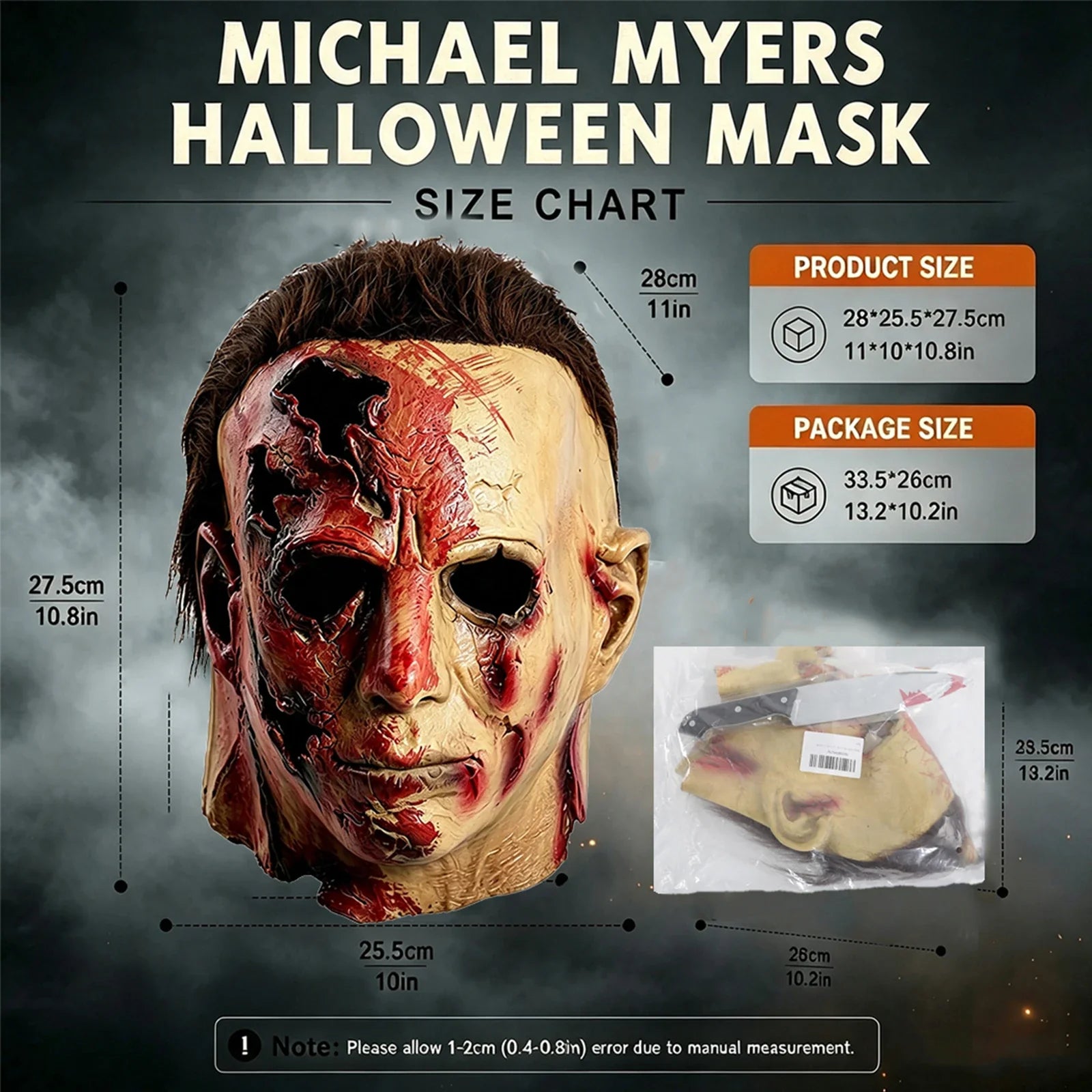 Size guide for the Scarred Slasher Mask – Two Styles, weathered-face style, with product and package measurements
