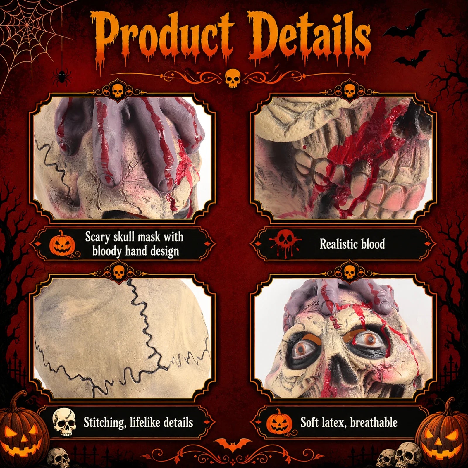 Included pieces and key product features for the Severed Hand Skull Full-Head Mask