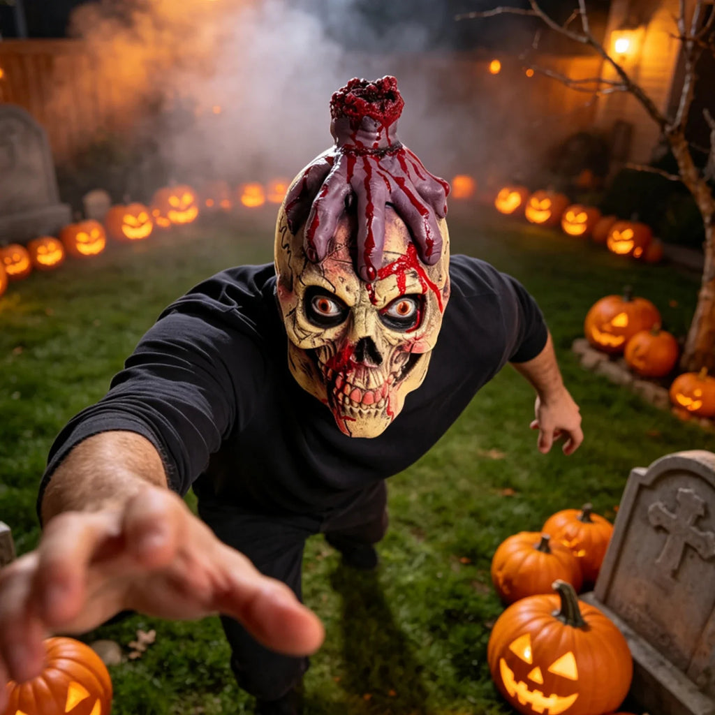 Model wearing the Severed Hand Skull Full-Head Mask in a Halloween costume setting