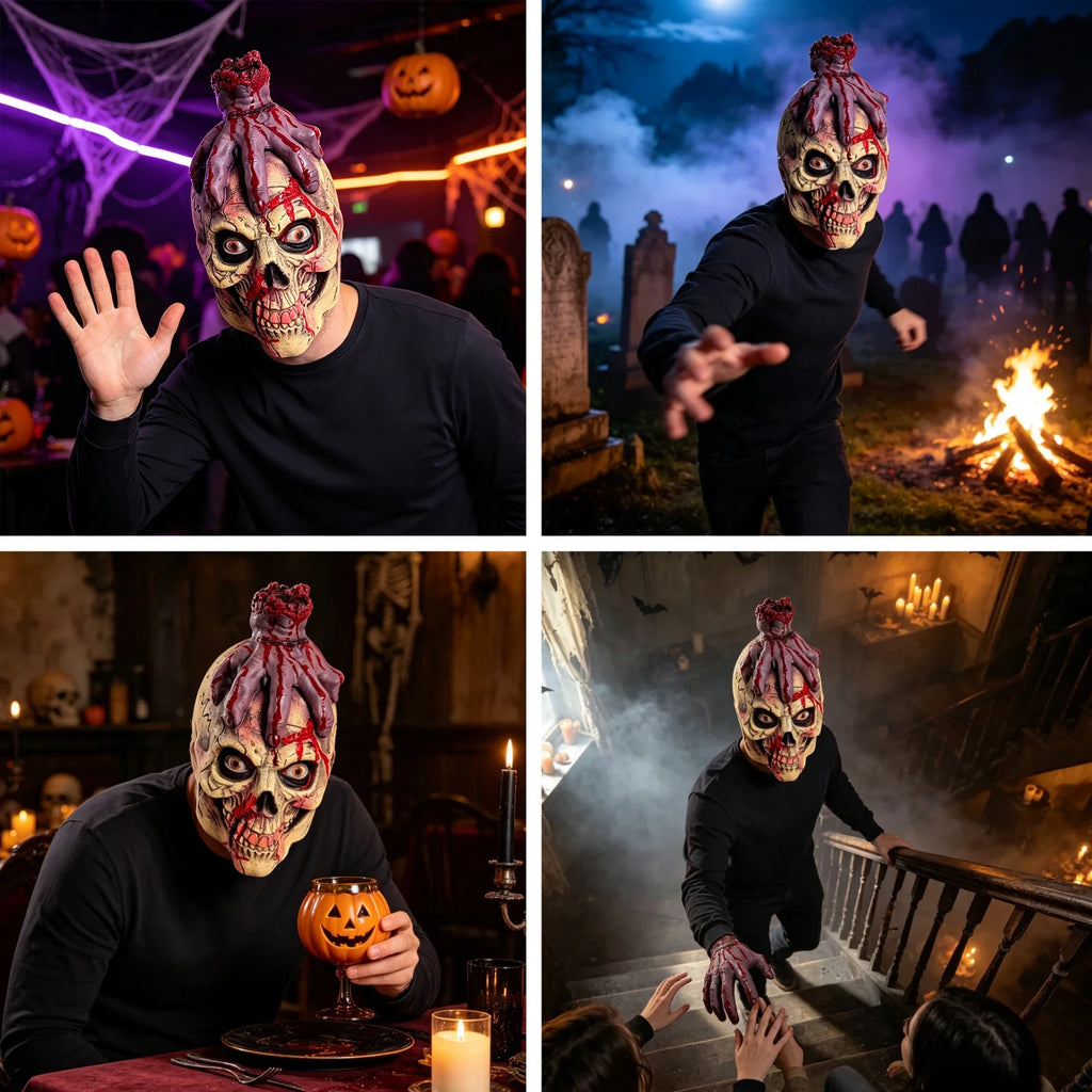 The Severed Hand Skull Full-Head Mask shown in a second Halloween scene