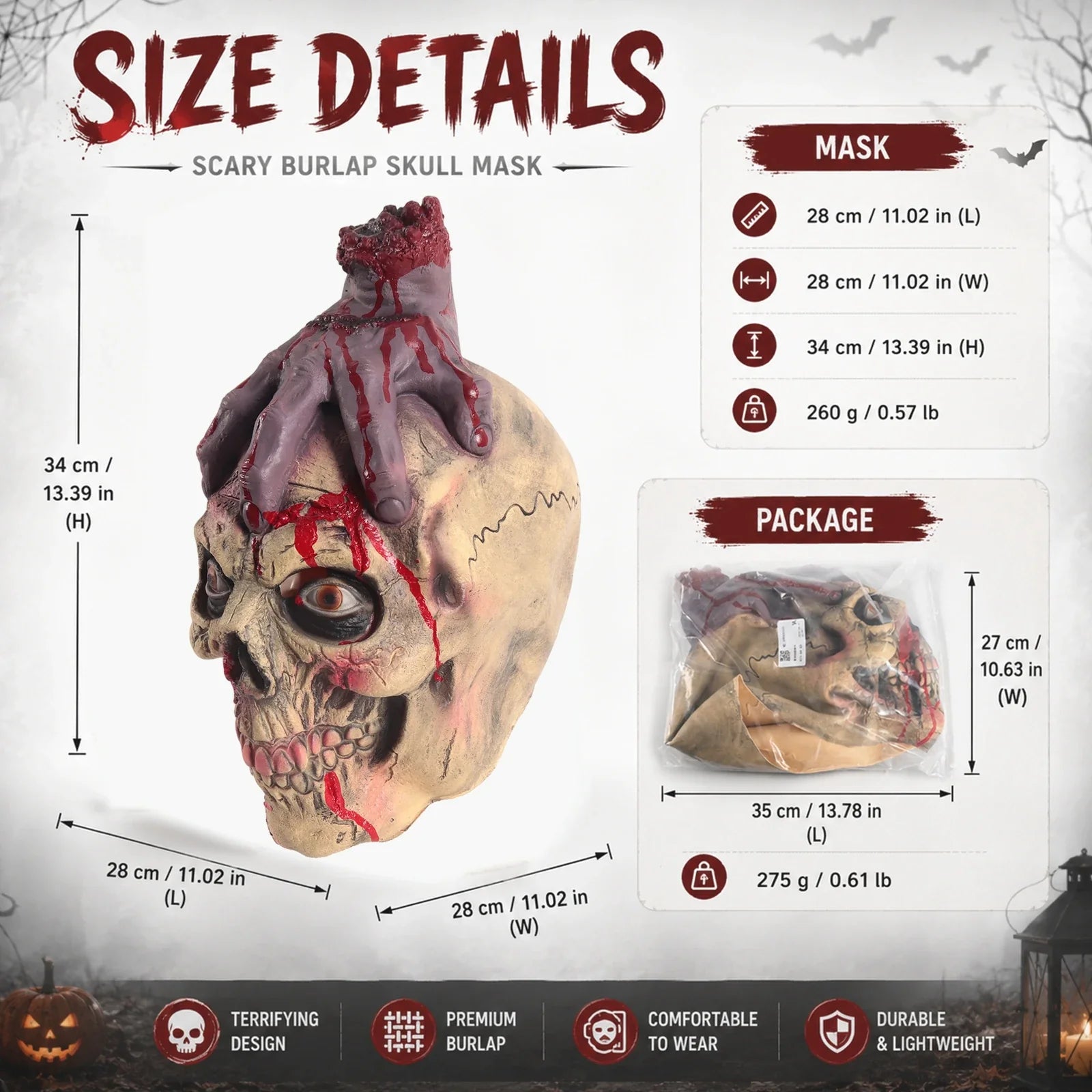 Size guide for the Severed Hand Skull Full-Head Mask, with product and package measurements