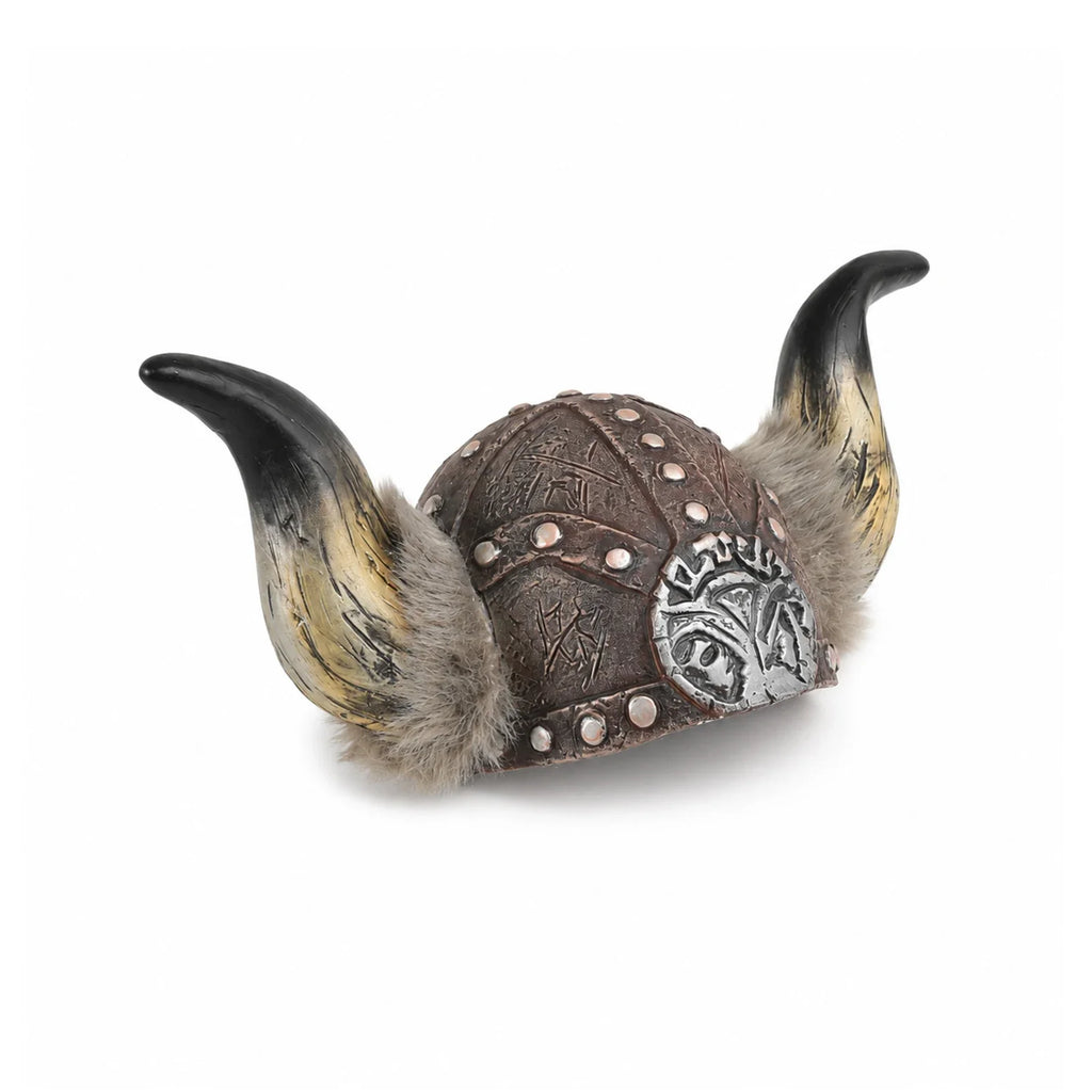 Front and three-quarter views of the Viking Horned Costume Hat