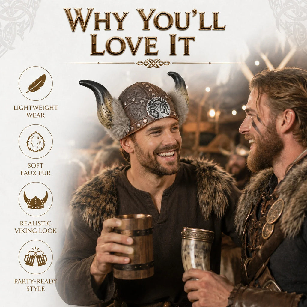 Included pieces and key product features for the Viking Horned Costume Hat