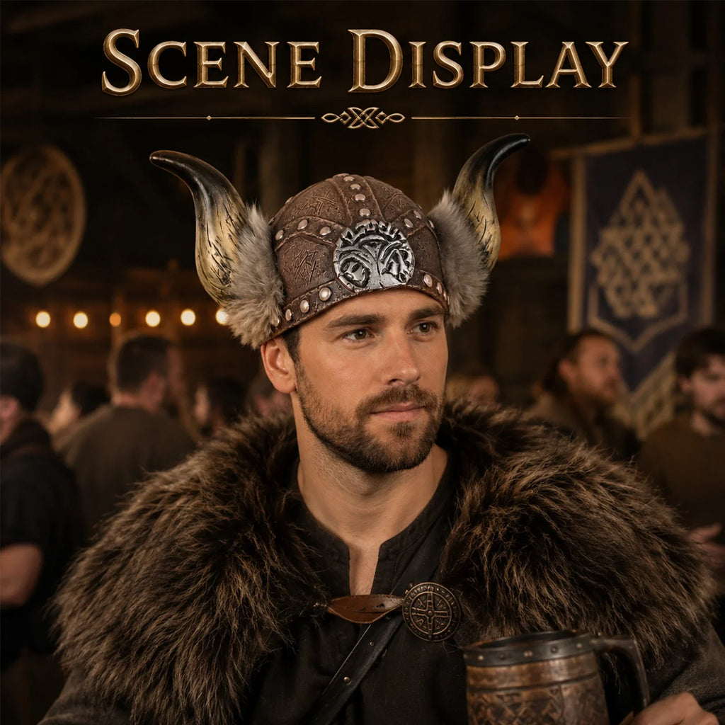 Model wearing the Viking Horned Costume Hat in a Halloween costume setting