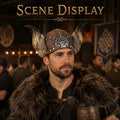 Model wearing the Viking Horned Costume Hat in a Halloween costume setting