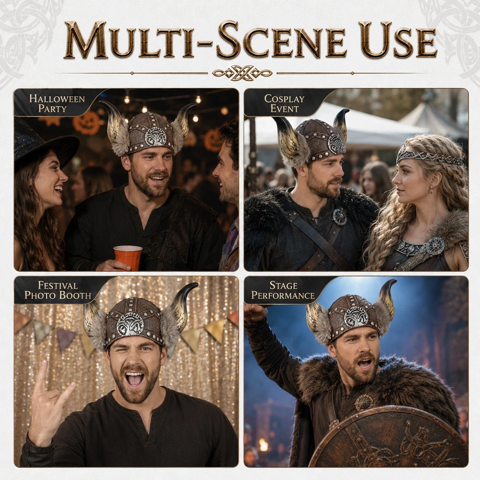 The Viking Horned Costume Hat shown in a second Halloween scene