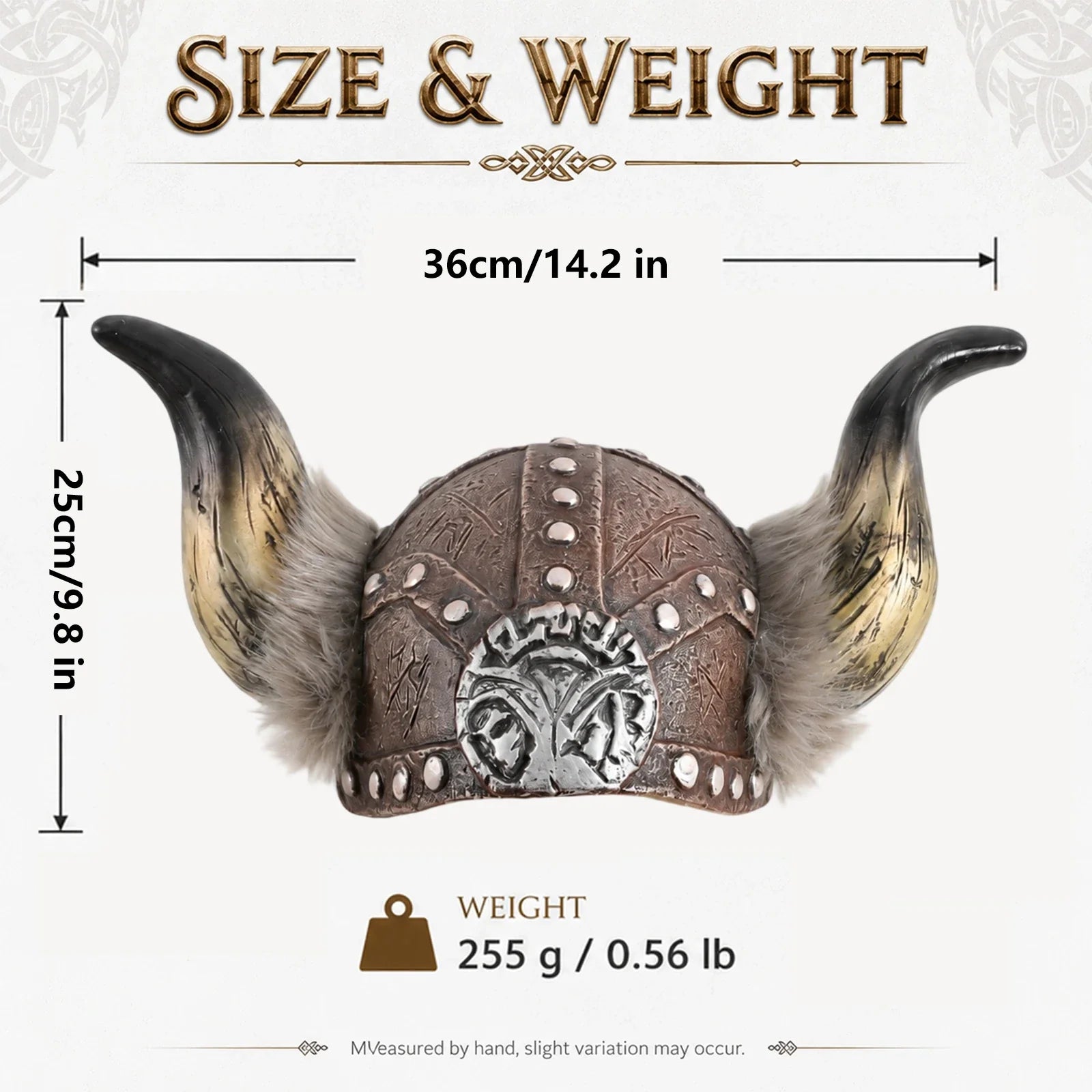 Size guide for the Viking Horned Costume Hat, with product and package measurements