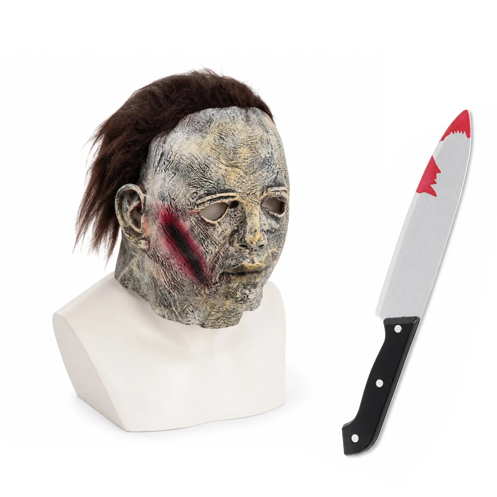 Front and three-quarter views of the Weathered Slasher Mask & Prop Knife Set