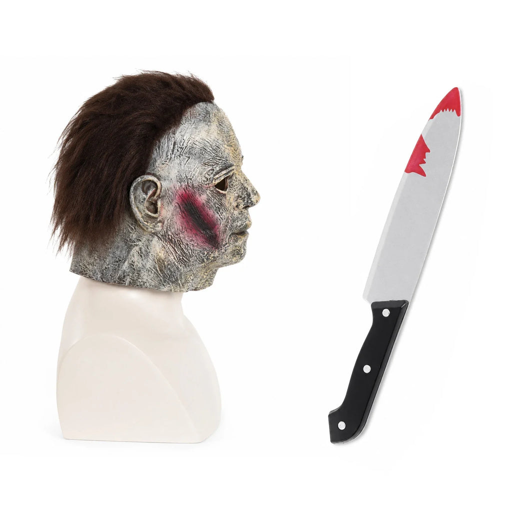 Side and rear views of the Weathered Slasher Mask & Prop Knife Set