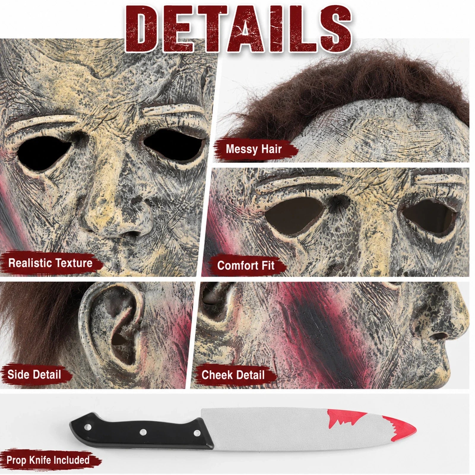 Close-up of the Weathered Slasher Mask & Prop Knife Set, showing texture and construction details