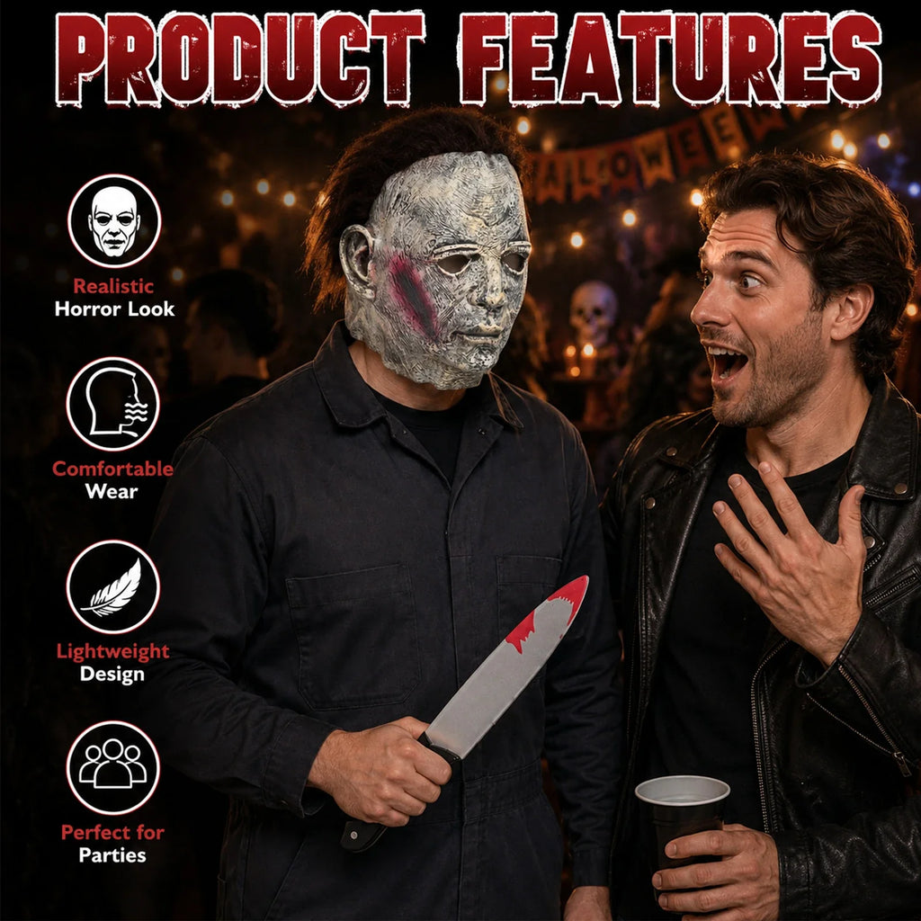 Included pieces and key product features for the Weathered Slasher Mask & Prop Knife Set