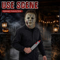 Model wearing the Weathered Slasher Mask & Prop Knife Set in a Halloween costume setting