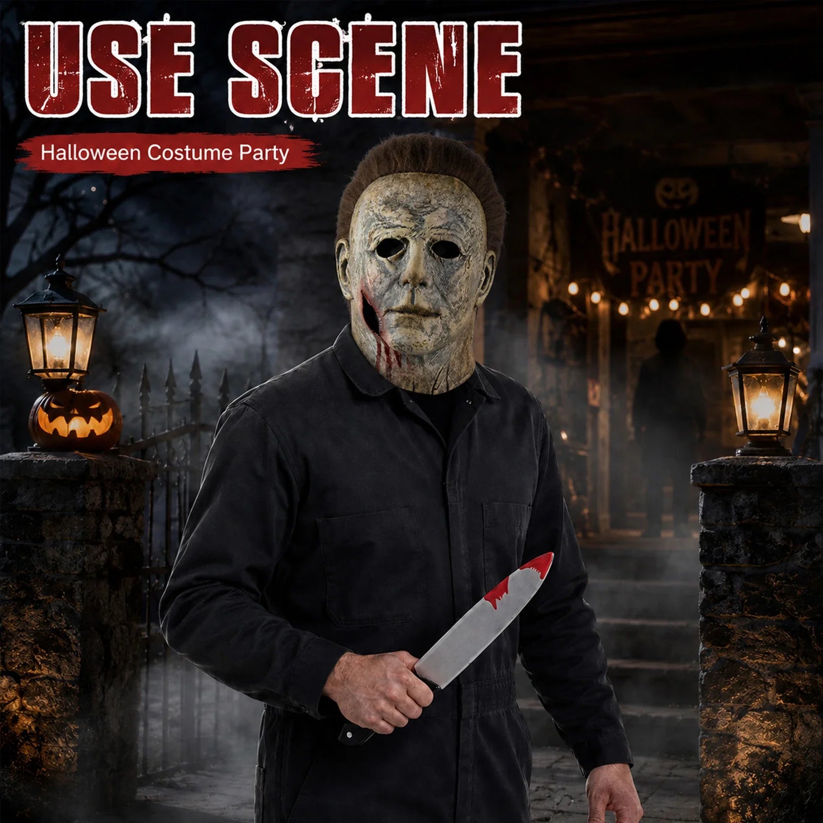 Model wearing the Weathered Slasher Mask & Prop Knife Set in a Halloween costume setting