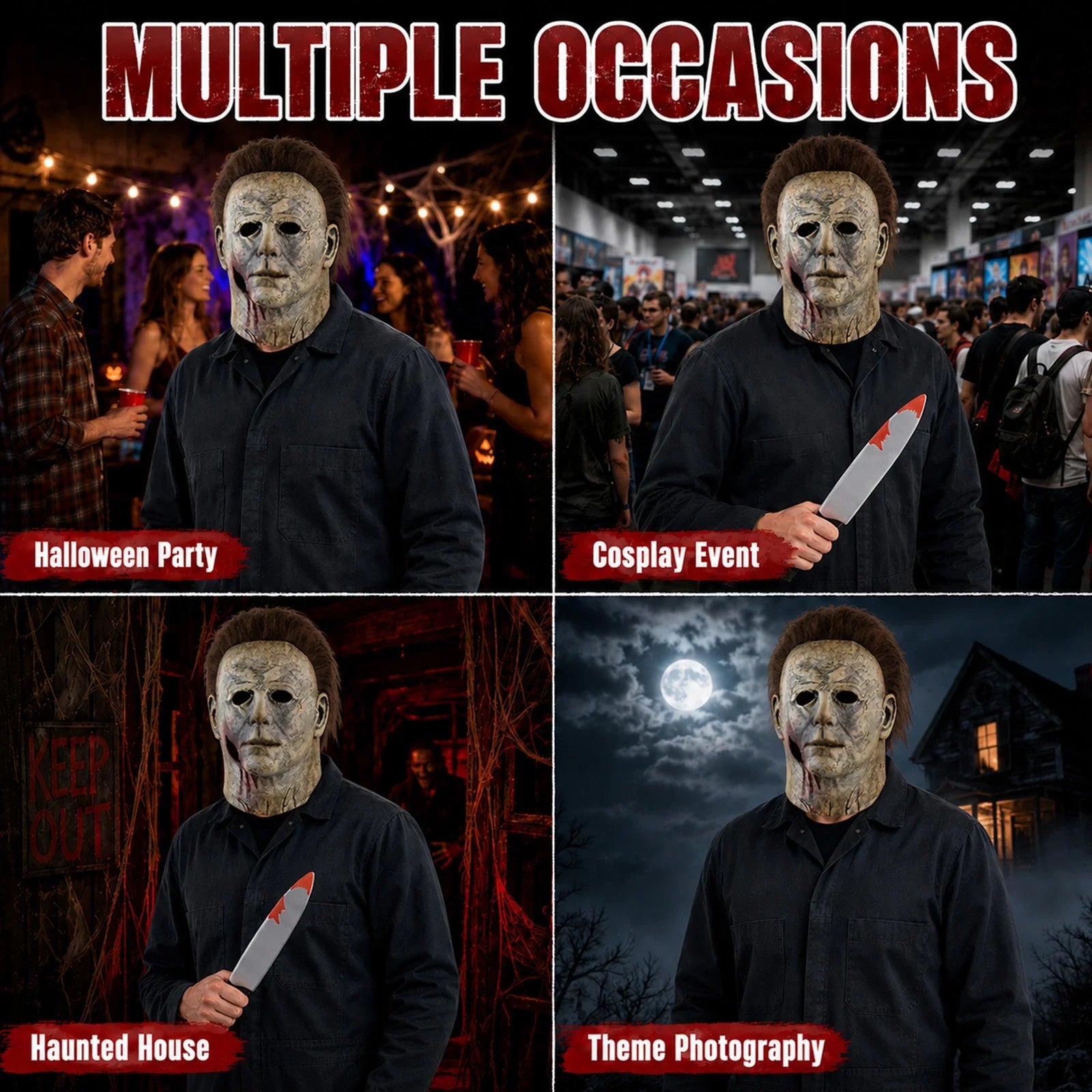The Weathered Slasher Mask & Prop Knife Set shown in a second Halloween scene