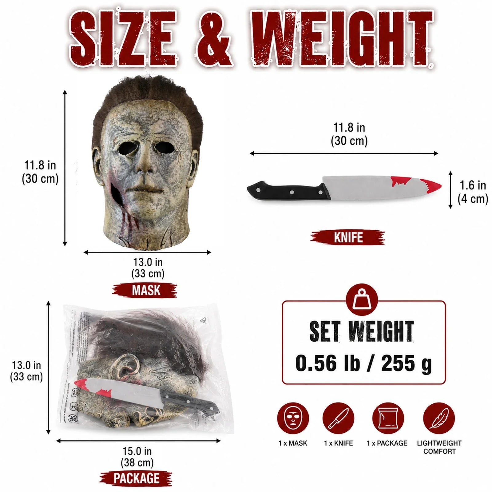 Size guide for the Weathered Slasher Mask & Prop Knife Set, with product and package measurements