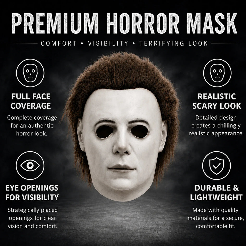 Included pieces and key product features for the White Blank-Face Slasher Mask