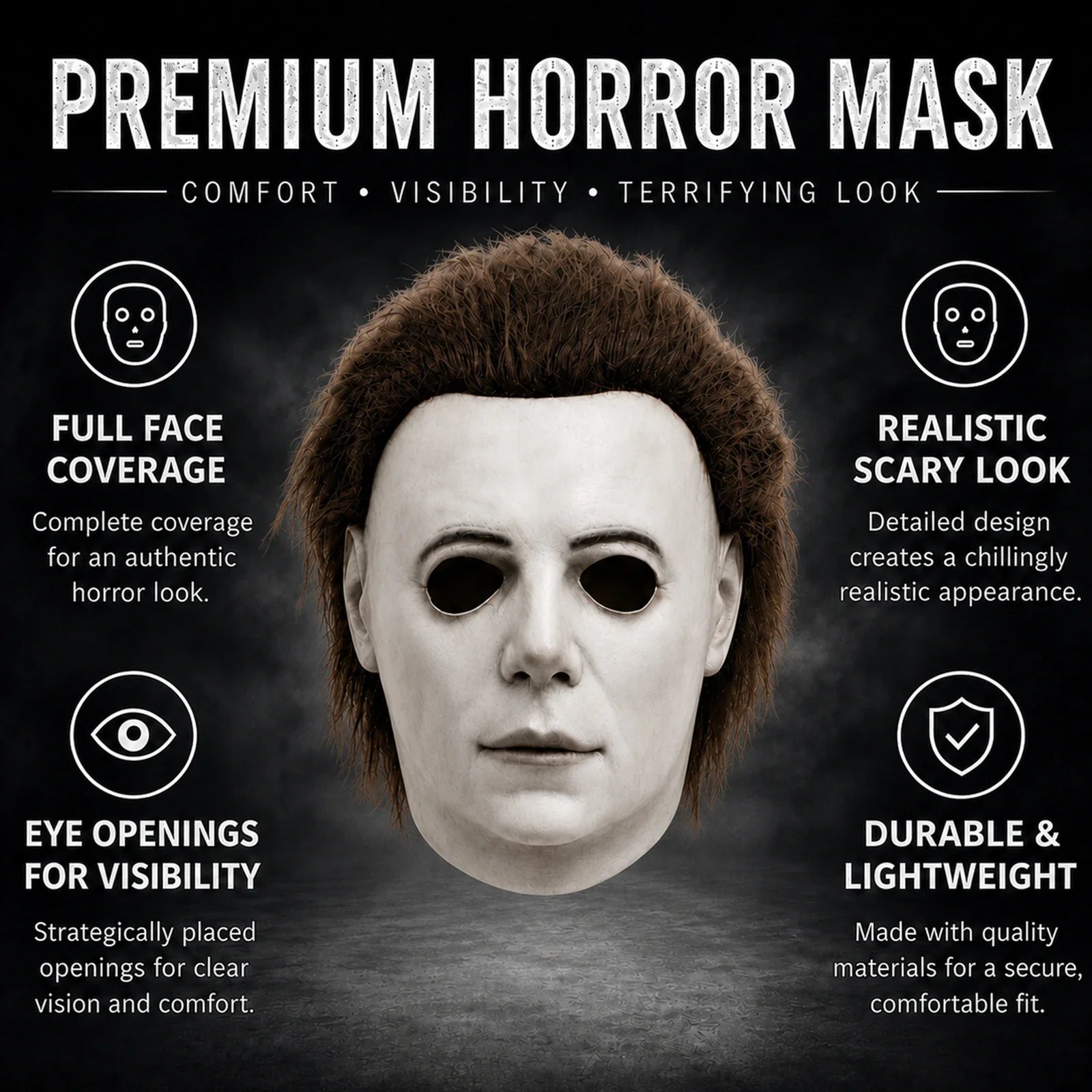 Included pieces and key product features for the White Blank-Face Slasher Mask