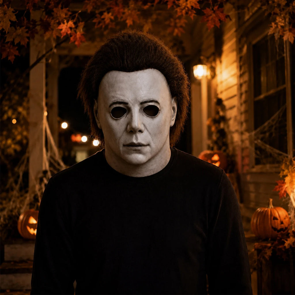Model wearing the White Blank-Face Slasher Mask in a Halloween costume setting