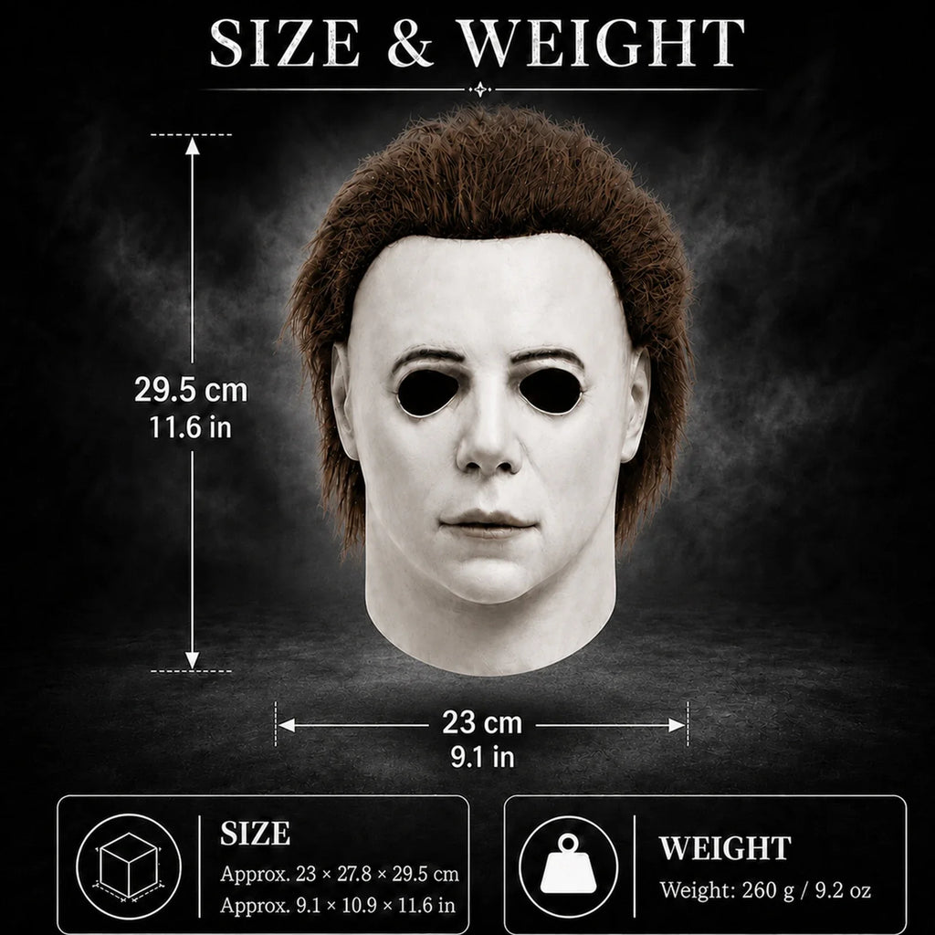 Size guide for the White Blank-Face Slasher Mask, with product and package measurements