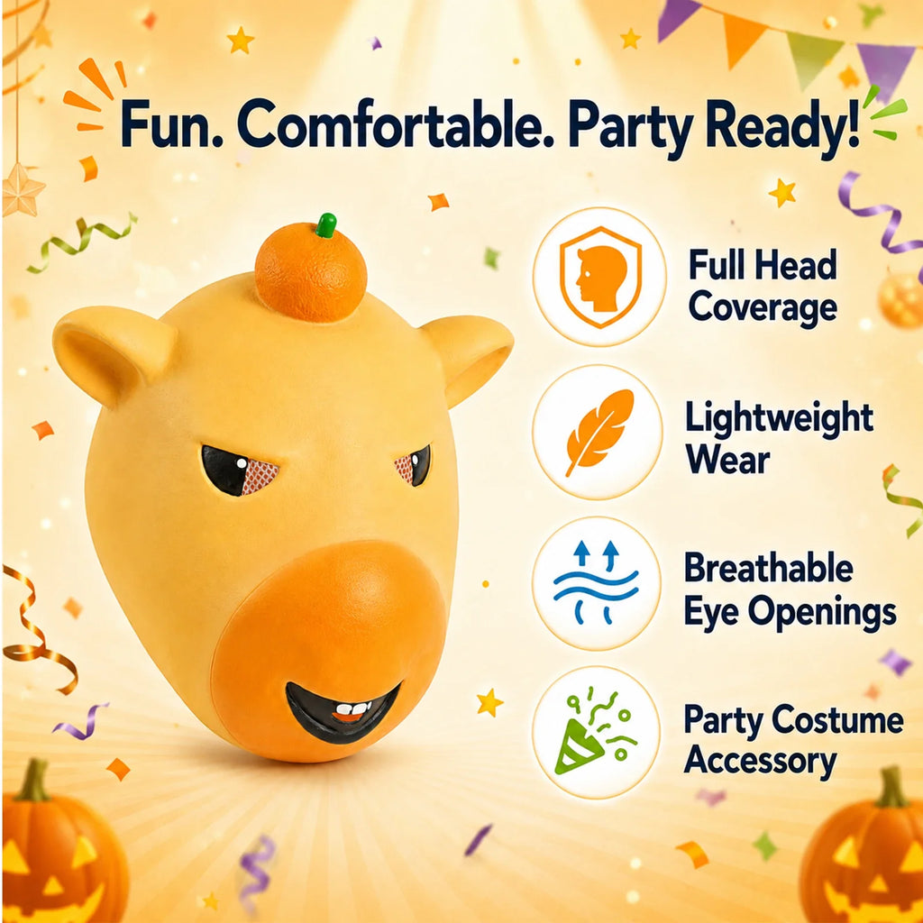 Included pieces and key product features for the Yellow Cartoon Animal Full-Head Mask