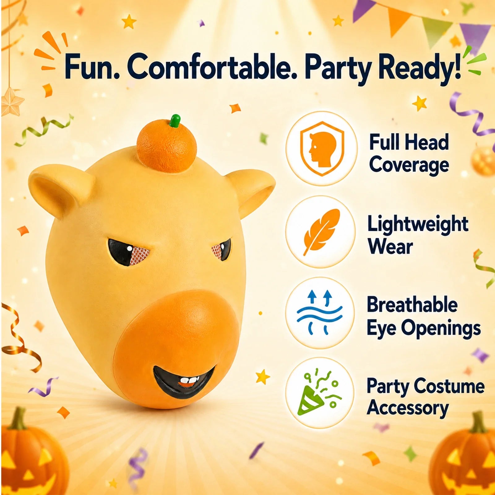 Included pieces and key product features for the Yellow Cartoon Animal Full-Head Mask