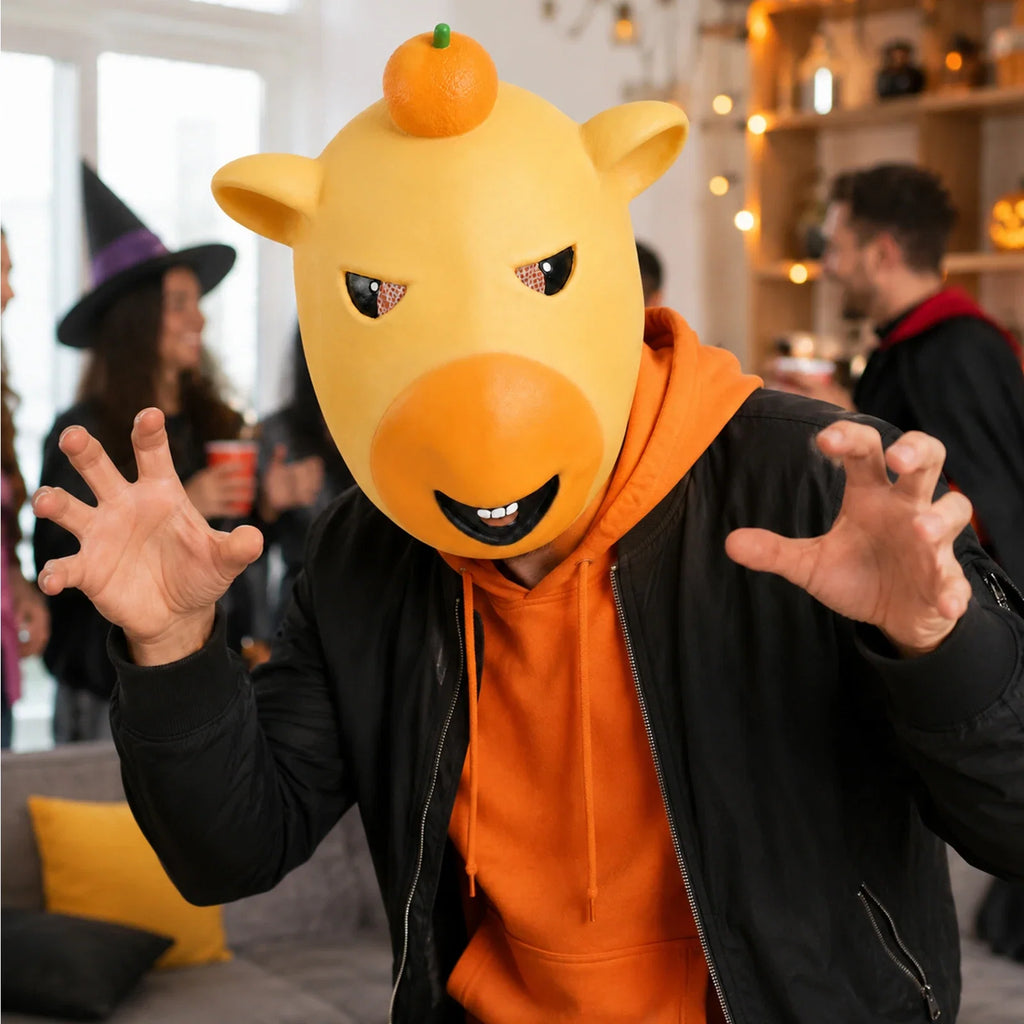 Model wearing the Yellow Cartoon Animal Full-Head Mask in a Halloween costume setting