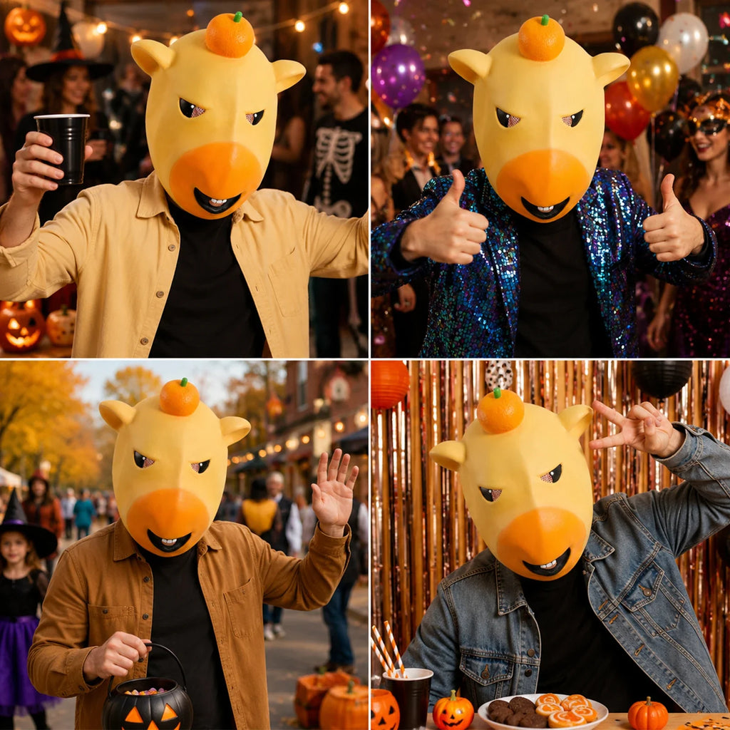 The Yellow Cartoon Animal Full-Head Mask shown in a second Halloween scene