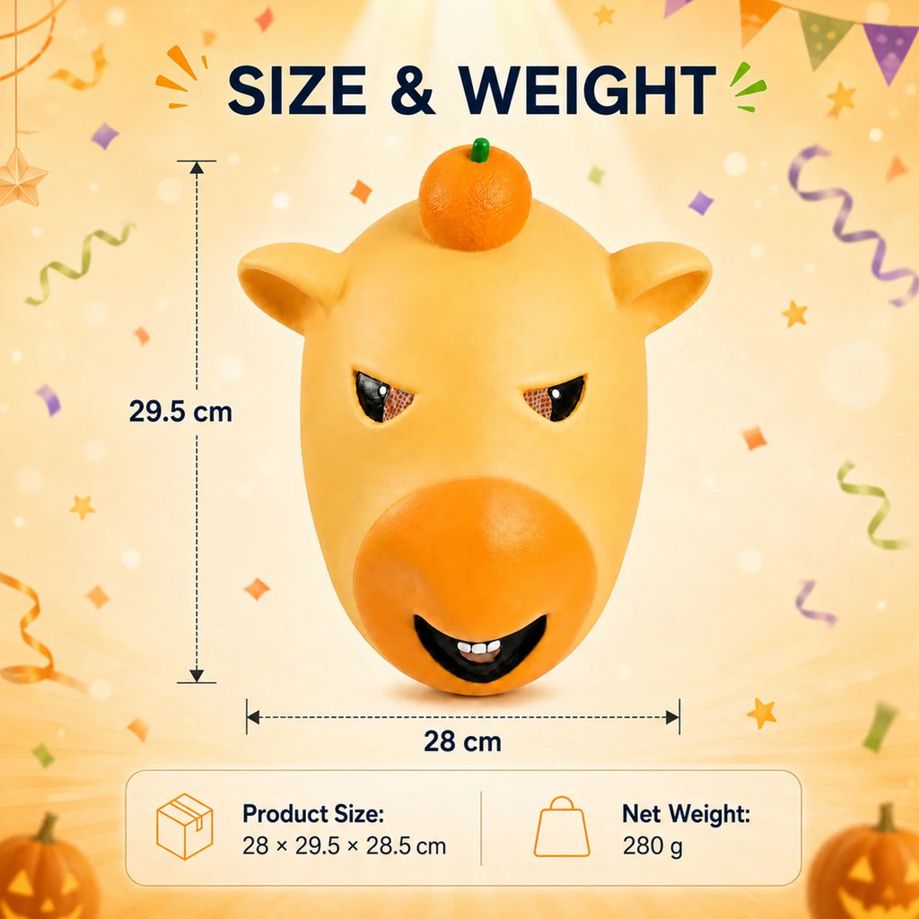 Size guide for the Yellow Cartoon Animal Full-Head Mask, with product and package measurements