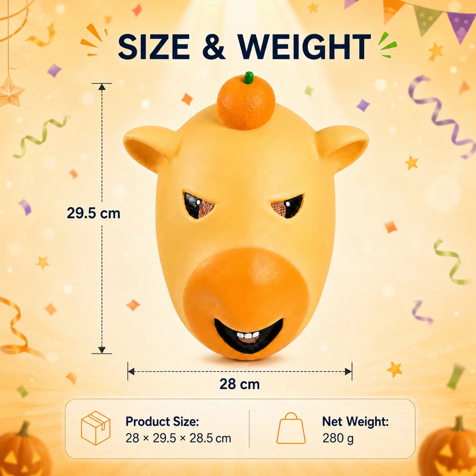 Size guide for the Yellow Cartoon Animal Full-Head Mask, with product and package measurements