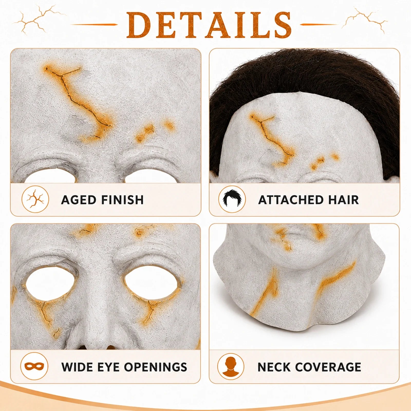 Close-up of the Yellow Scarred Slasher Mask, showing texture and construction details