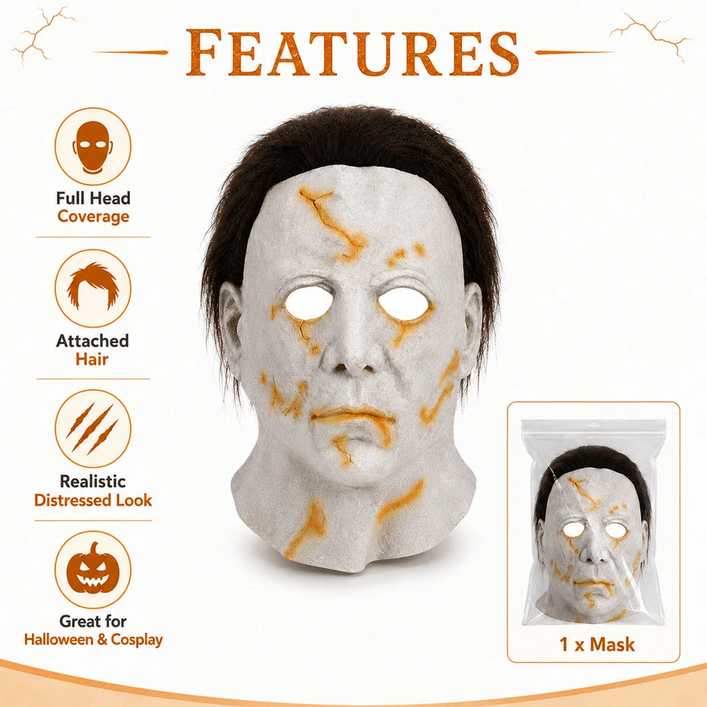 Included pieces and key product features for the Yellow Scarred Slasher Mask