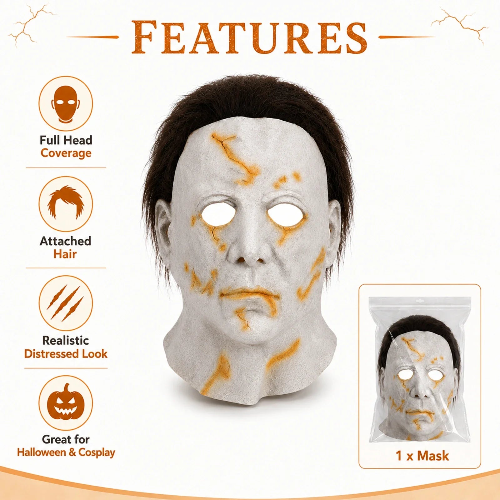 Included pieces and key product features for the Yellow Scarred Slasher Mask