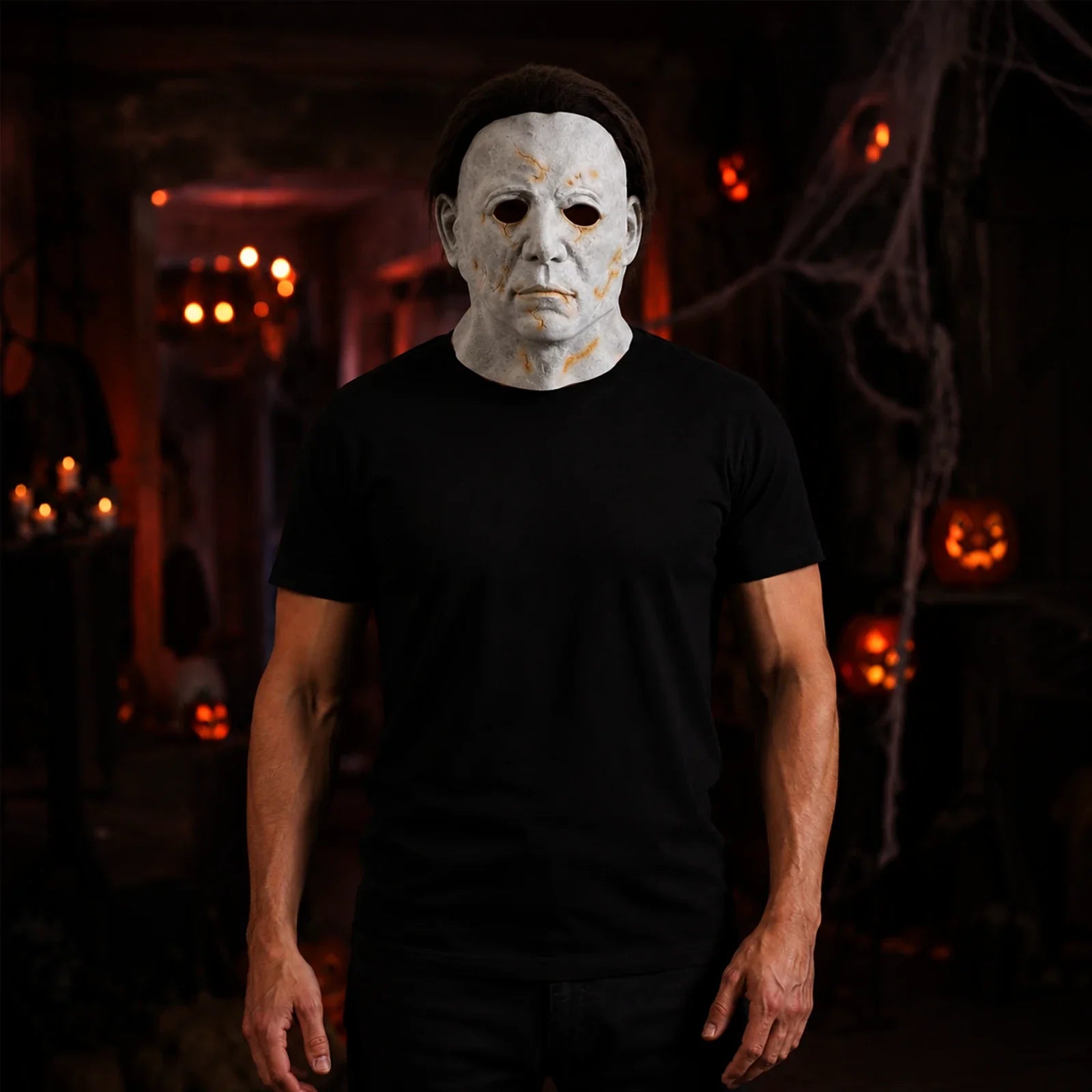 Model wearing the Yellow Scarred Slasher Mask in a Halloween costume setting