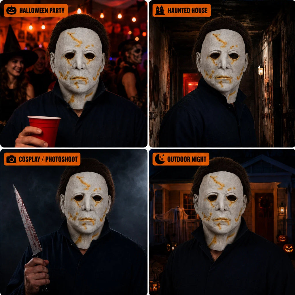 The Yellow Scarred Slasher Mask shown in a second Halloween scene