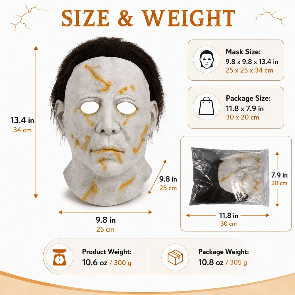 Size guide for the Yellow Scarred Slasher Mask, with product and package measurements